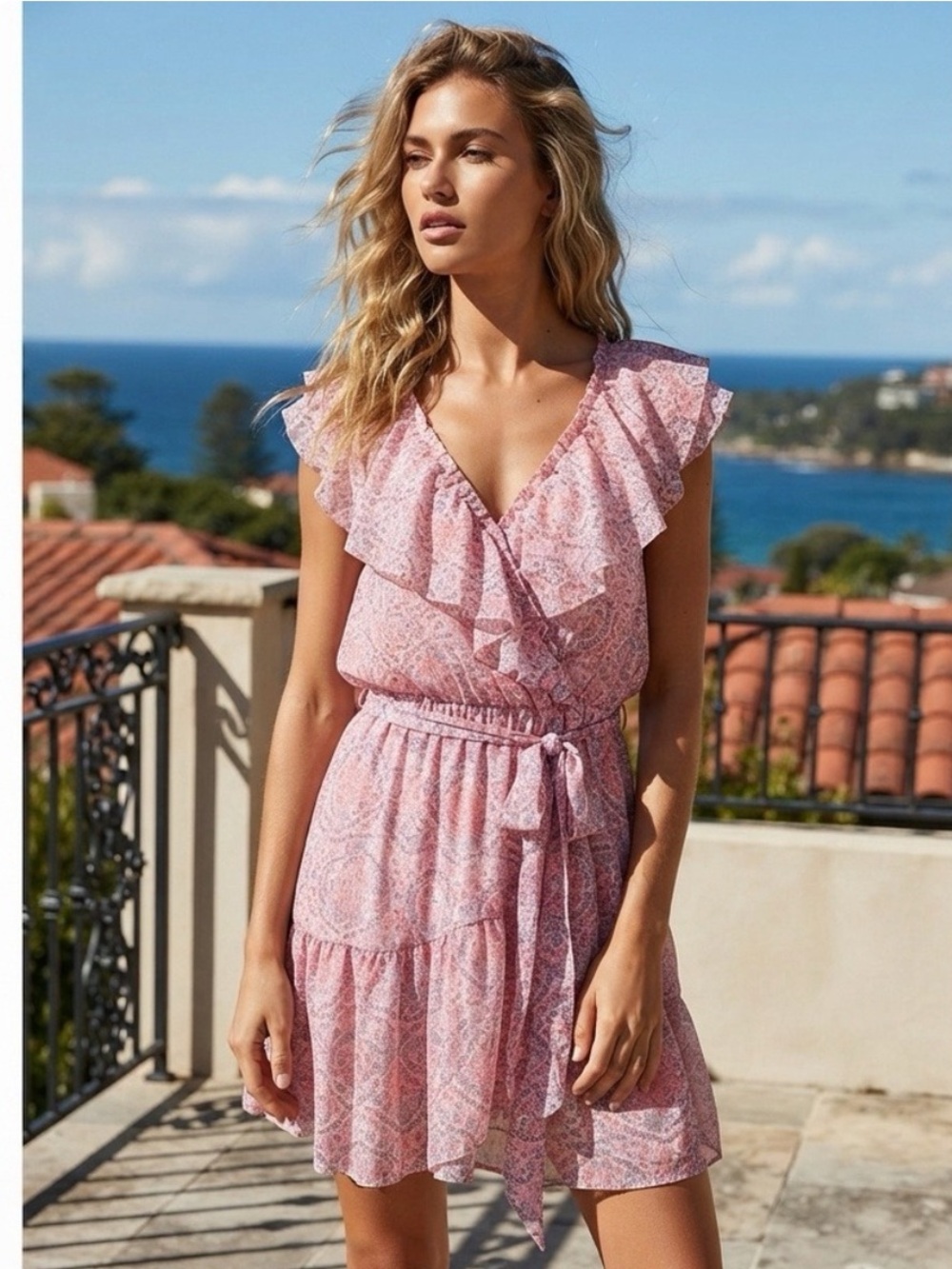 LC Lauren Conrad Pink Floral Tiered Ruffle Mini Dress